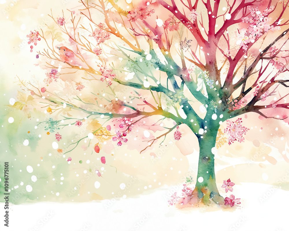 Obraz premium Playful Winter Tree with Soft Pastel Colors, kid-friendly decor, holiday fun, children's book illustration, classroom art, gift wrap design, poster, greeting card, invitation