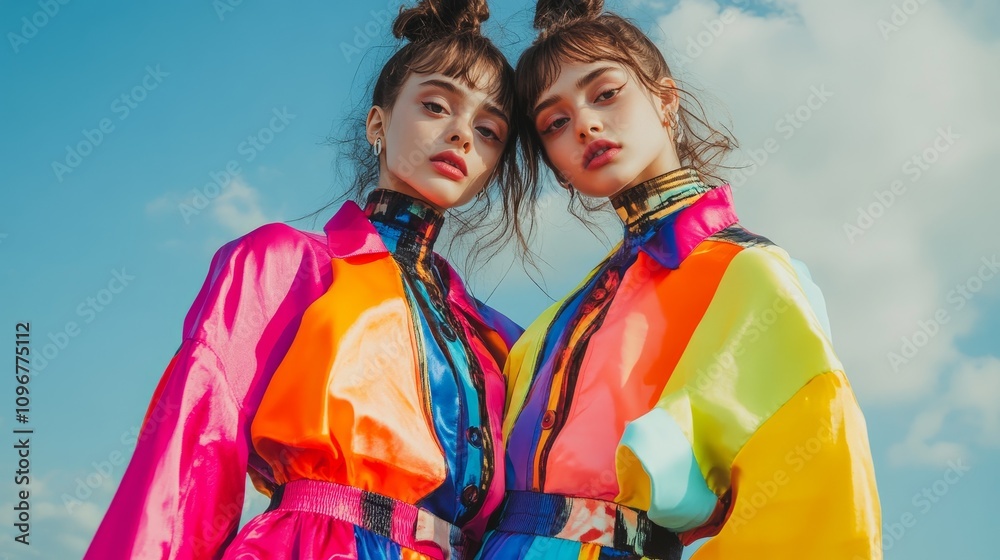 Trendsetting Senior Twin Models Rocking Vibrant Contrasts in Mirror Poses