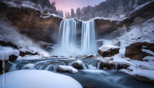 Icy Waterfall Amid Snowy Rocks