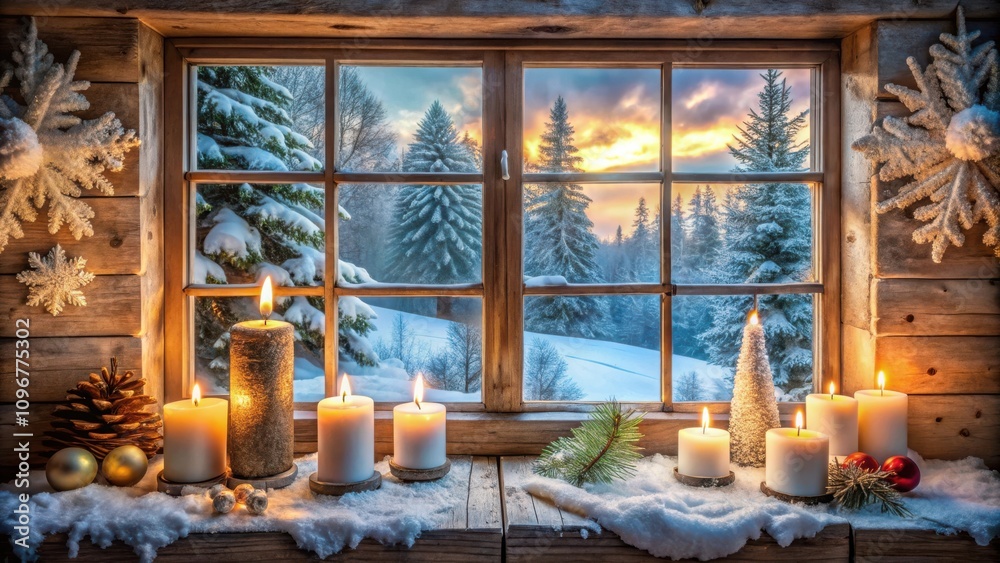 Obraz premium A Cozy Cabin Window with a View of a Snowy Forest and a Sunset, Lit by Candlelight