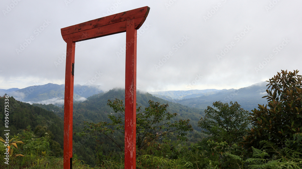 Red frame with mountain background. Usually used by visitors to take selfies Red frame with mountain background. Usually used by visitors to take selfies