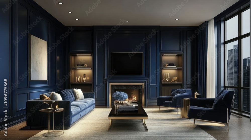 Fototapeta premium A chic and minimalist room with navy blue walls, stylish furnishings, and warm lighting creating a serene and sophisticated living space.