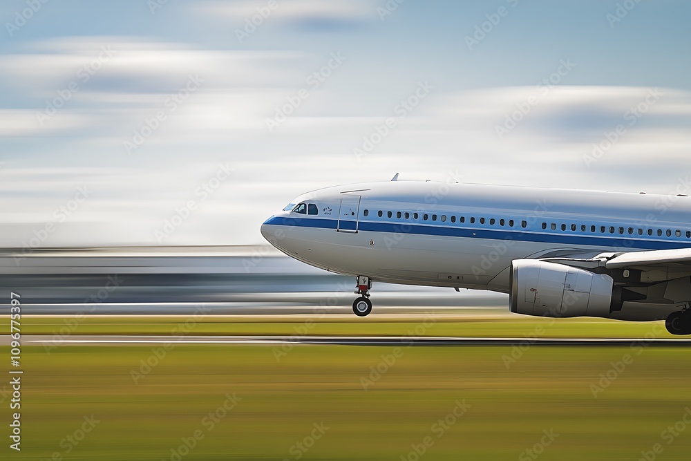 A plane in motion on a runway, capturing the essence of air travel. A plane in motion on a runway, capturing the essence of air travel.