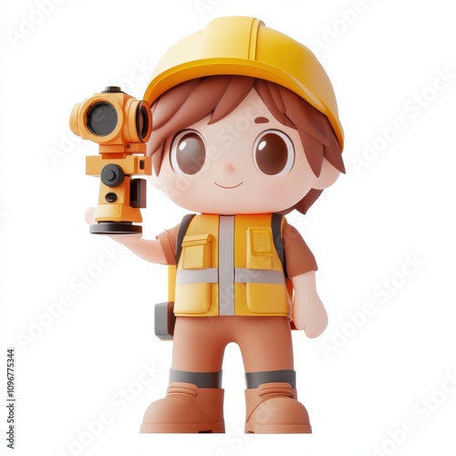 A Cute Cartoon Child Wearing A Hard Hat Holds A Theodolite