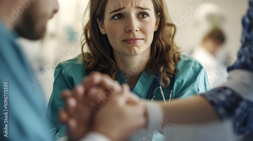 Moment of Anticipation in Fertility Clinic Close Up of Patient s Emotional Expression Medical Staff Providing Reassurance photo