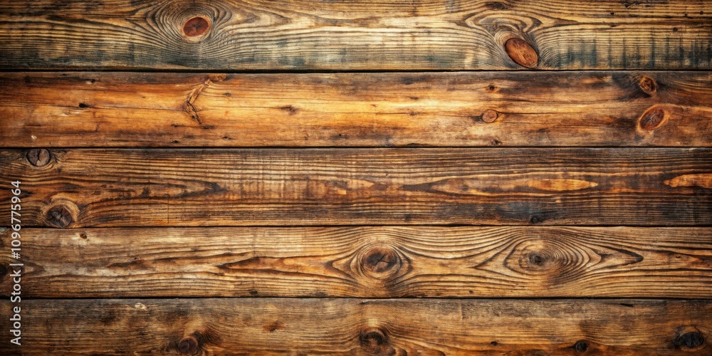 Naklejka premium Rustic Wooden Planks with Knots and Grain Patterns, Exhibiting a Rich Brown Hue and Natural Texture