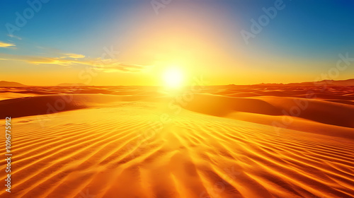 Sunrise over the desert. panorama of desert dunes with golden sand against a clear blue sky. Golden Sand Dunes. Illustration