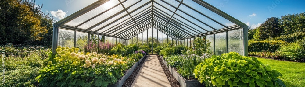 A vibrant greenhouse filled with various plants and flowers, showcasing a serene environment. A vibrant greenhouse filled with various plants and flowers, showcasing a serene environment.