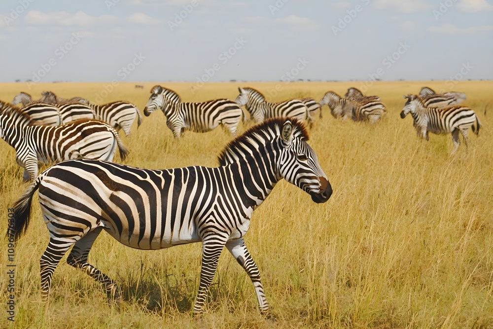 Obraz premium Zebras grazing in golden grasslands under a blue sky