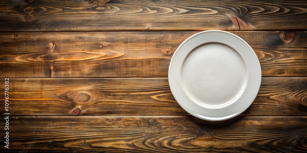 A pristine white dinner plate sits on a rustic wooden surface, ready to be filled with delicious food. A pristine white dinner plate sits on a rustic wooden surface, ready to be filled with delicious food.