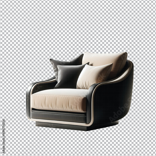 An elegant, modern armchair in shades of print and beige, featuring plush cushions for comfort. The chair is set in a minimalist interior design sittng