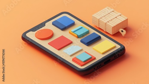 A stylized smartphone with colorful geometric shapes and a wooden block beside it.