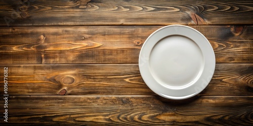 A pristine white dinner plate sits on a rustic wooden surface, ready to be filled with delicious food.