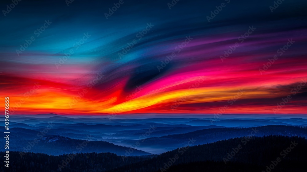 A colorful sunset over a mountain range with trees in the foreground A colorful sunset over a mountain range with trees in the foreground