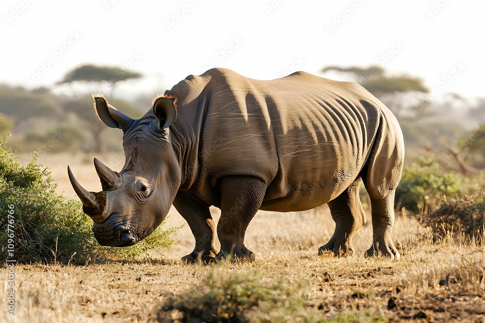 Obraz premium Rhino grazing in the savanna during golden hour lighting