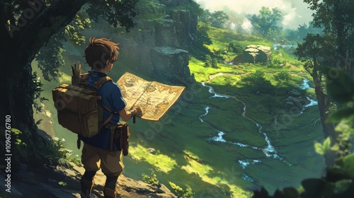 Illustration of an adventurer finding place with a map