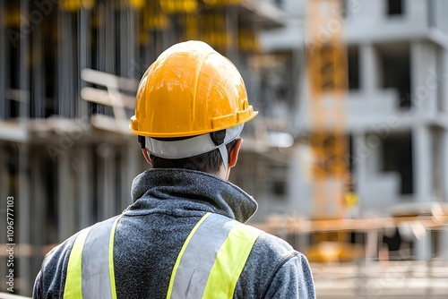 Construction worker observing site progress at a building project