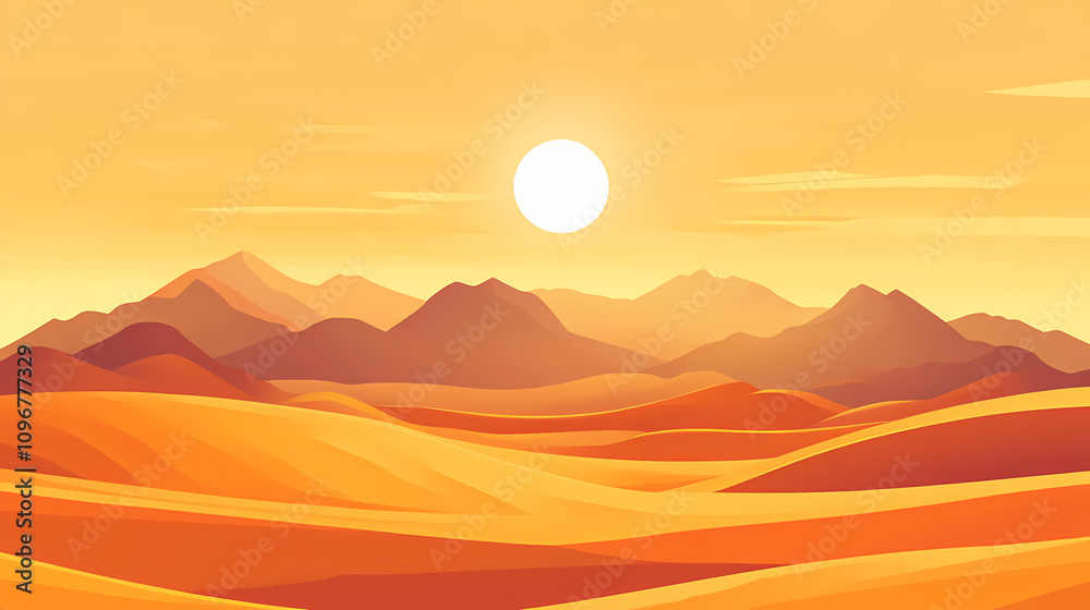 Desert scenery, sand dunes, vibrant sunset paint the landscape in warm, golden tones. Golden Sand Dunes. Illustration Desert scenery, sand dunes, vibrant sunset paint the landscape in warm, golden tones. Golden Sand Dunes. Illustration