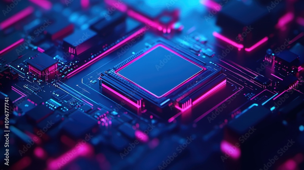 Neon circuit board with glowing microchips	