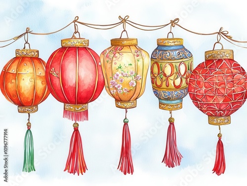 Six ornate Lunar New Year lanterns in red and gold, adorned with tassels, intricate patterns, and symbols like dragons or cherry blossoms photo