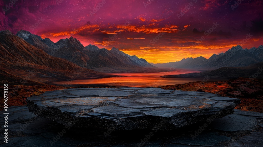 Fototapeta premium A sunset over a mountain range with a lake in the foreground