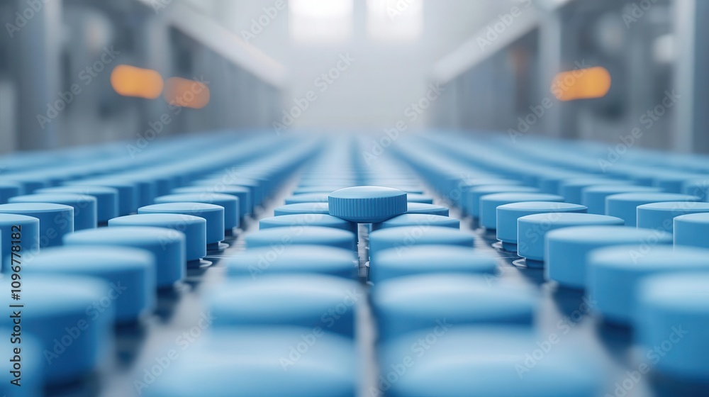 Capsule production line, blueprintinspired rendering, 3D illustration