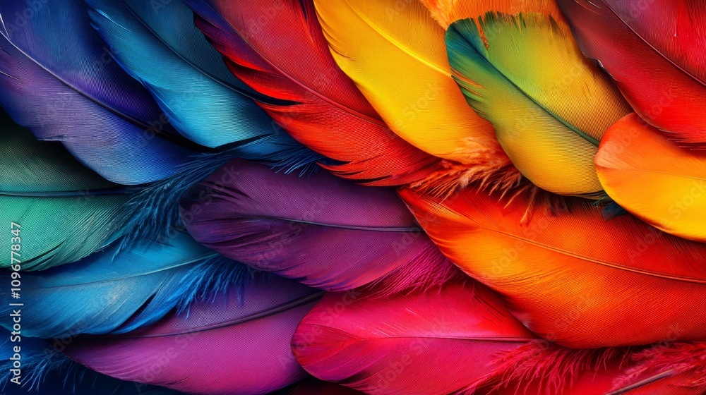 Fototapeta premium A bunch of colorful feathers on a blue background