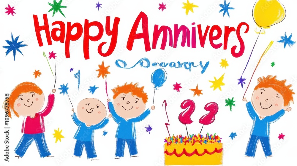 Children celebrate anniversary with cake, balloons, and sparklers. Children celebrate anniversary with cake, balloons, and sparklers.