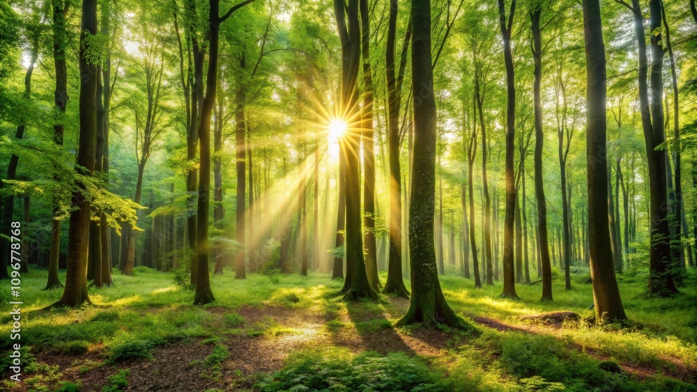 Obraz premium Golden rays of sunlight pierce through the dense canopy of a lush, green forest, illuminating the forest floor with a warm, ethereal glow.
