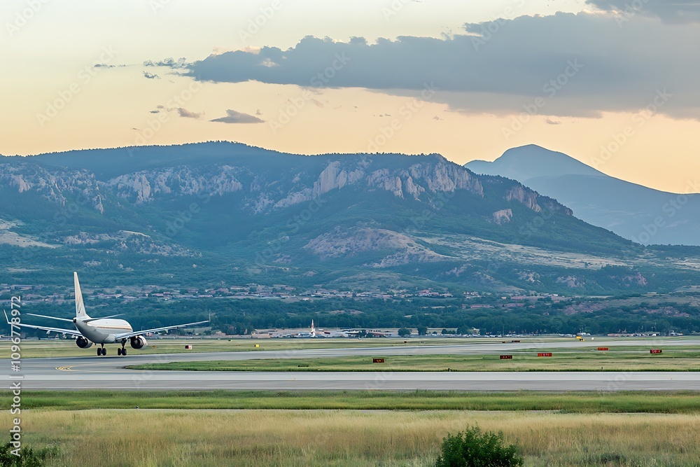 An airplane taxiing on a runway with mountains in the background during sunset. An airplane taxiing on a runway with mountains in the background during sunset.