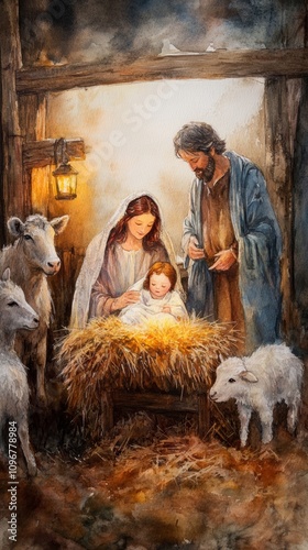 Nativity Scene Depicting Mary, Joseph, and Baby Jesus Surrounded by Animals in a Rustic Stable