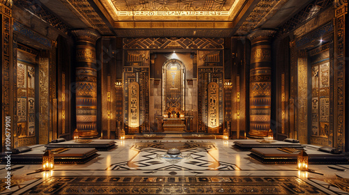 A luxurious living room adorned with intricate Egyptian patterns on golden walls, a marble floor with hieroglyphic engravings, and glowing lanterns casting warm light on detailed carvings.
