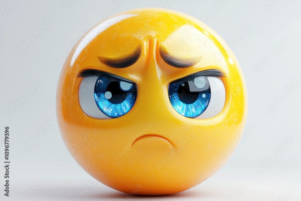 Fototapeta premium Yellow Emoji With Frowning Expression And Blue Eyes