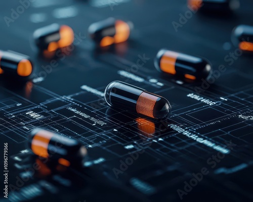 Drug encapsulation process, glowing blueprint grid, 3D illustration photo