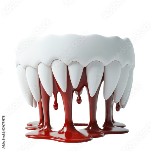 A 3D rendering of a set of sharp white teeth with blood dripping down and pooling below. photo