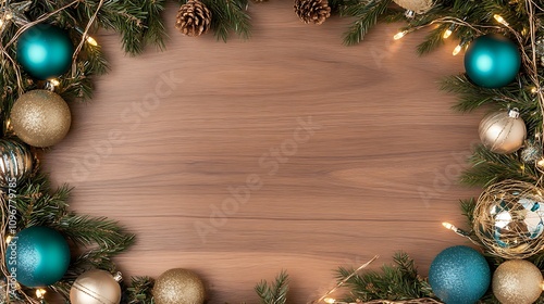 Festive Christmas Wreath with Ornaments and Twinkling Lights on a Wooden Background