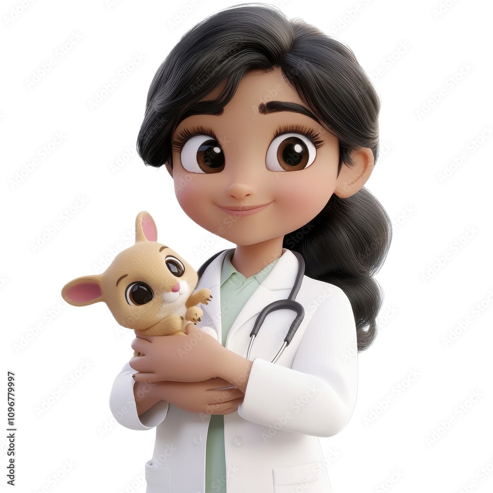 A 3D rendered illustration of a young female veterinarian gently holding and caring for a small, fluffy animal. A 3D rendered illustration of a young female veterinarian gently holding and caring for a small, fluffy animal.
