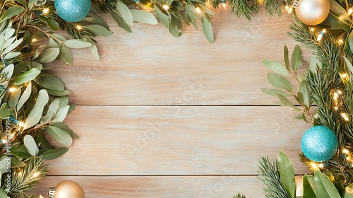 Festive Christmas Wreath with Ornaments and Twinkling Lights on a Wooden Background