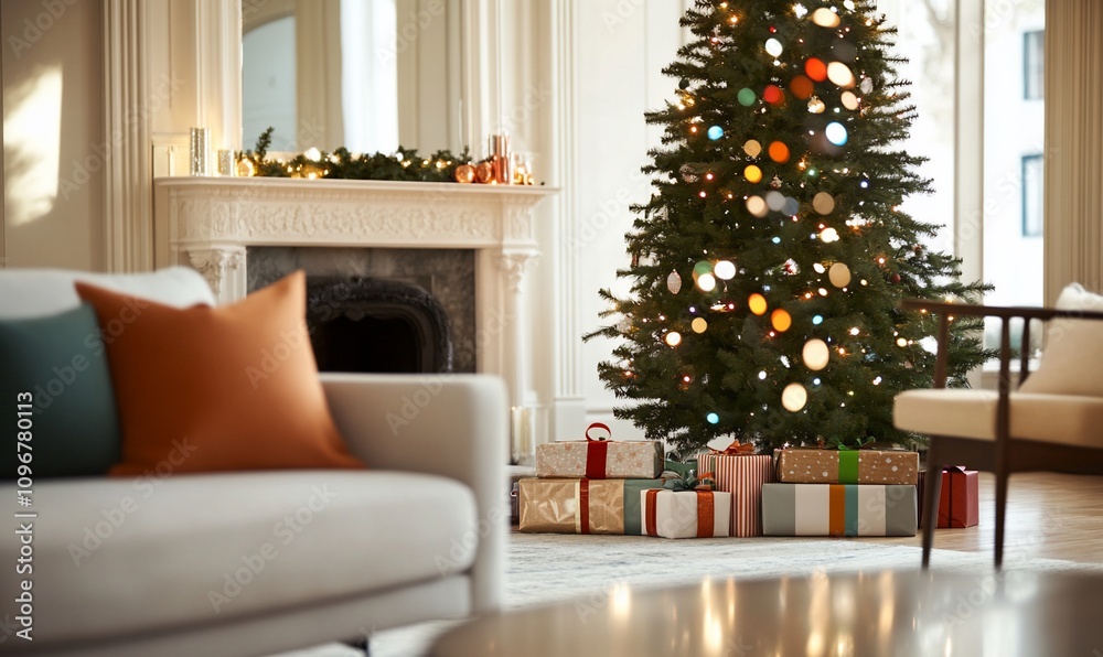 Cozy living room decorated for Christmas with a tree and gifts. Cozy living room decorated for Christmas with a tree and gifts.
