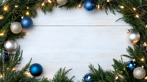 Festive Christmas Wreath with Ornaments and Twinkling Lights on a Wooden Background