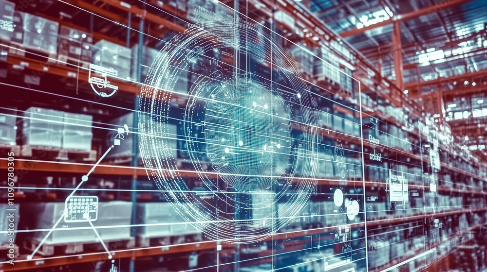 A logistics hub with autonomous forklifts moving pallets,AI-monitored routes for inventory management, Generative AI A logistics hub with autonomous forklifts moving pallets,AI-monitored routes for inventory management, Generative AI