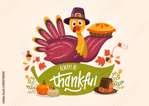 Thanksgiving greeting card with a turkey bird, pumpkins, and leaves