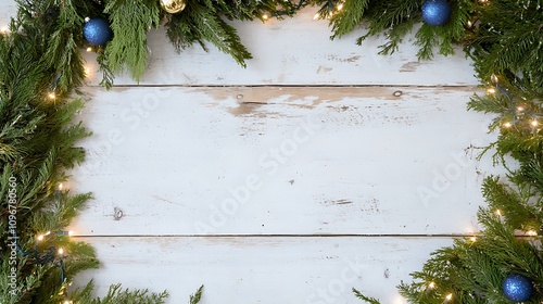 Festive Christmas Wreath with Ornaments and Twinkling Lights on a Wooden Background