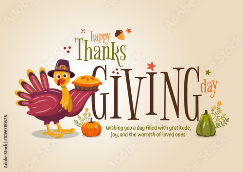 Thanksgiving greeting card with a turkey bird, pumpkins, and leaves