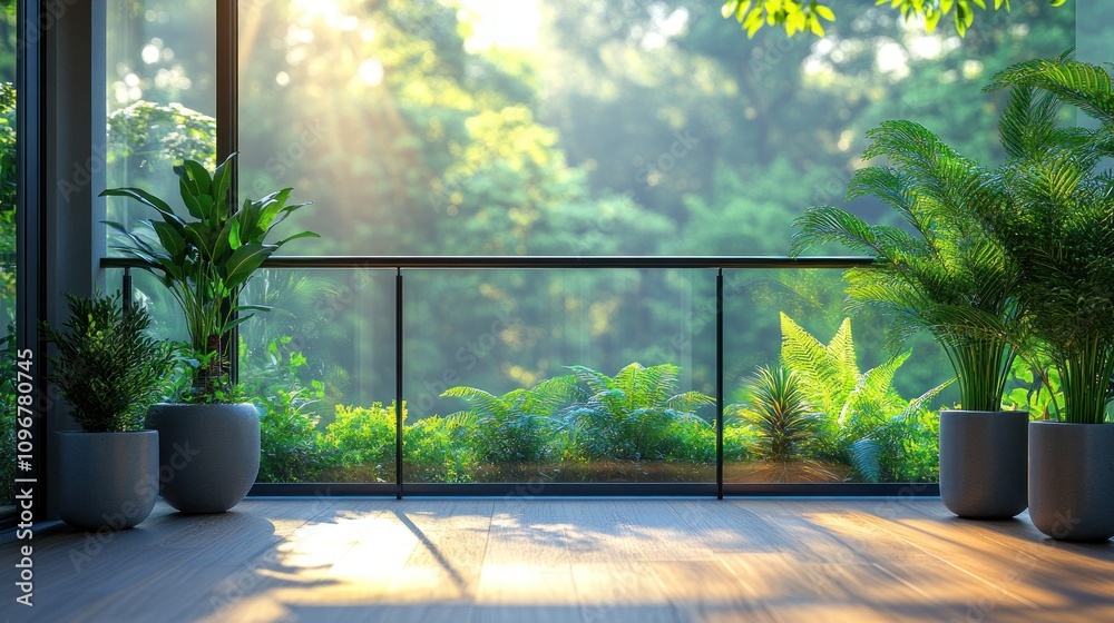 Fototapeta premium Serene Balcony Oasis: Sunlight Dappled Greenery