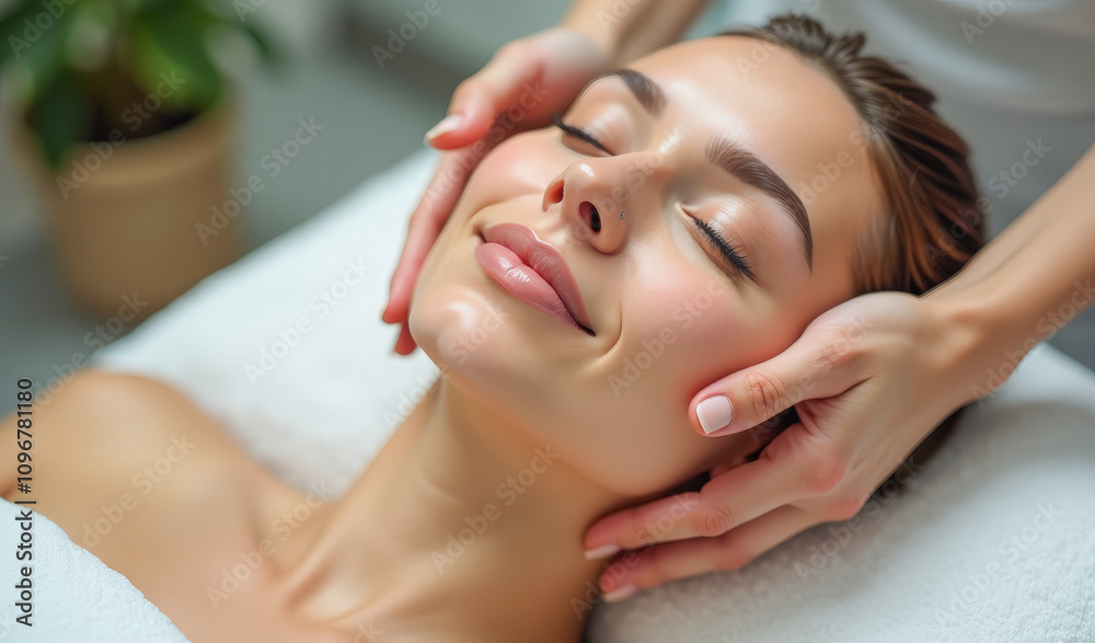 portrait of a happy woman in a spa doing a facial massage portrait of a happy woman in a spa doing a facial massage