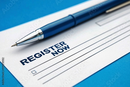 Register submission conceptual. A blue pen rests on a white registration form with the words "REGISTER NOW" printed prominently, inviting immediate action.