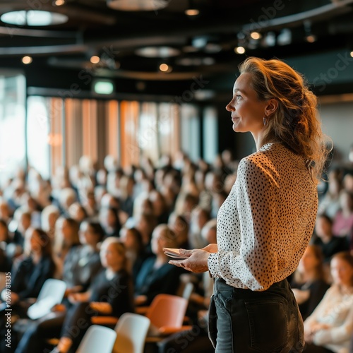 A woman stands in front of a large audience, giving a presentation. The audience is attentive and engaged, with many people sitting in chairs and some standing. The woman is holding a microphone