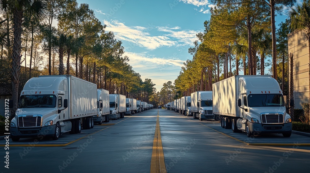 Fototapeta premium Fleet of White Semi Trucks Parked in a Tree-Lined Driveway
