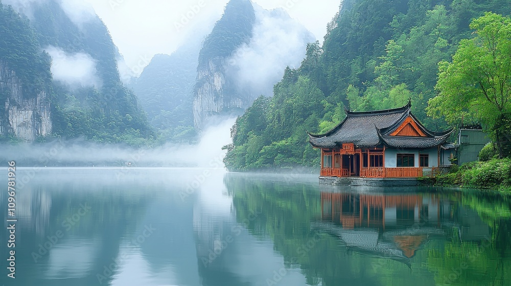 Fototapeta premium Serene lakeside pavilion surrounded by misty mountains in a tranquil landscape